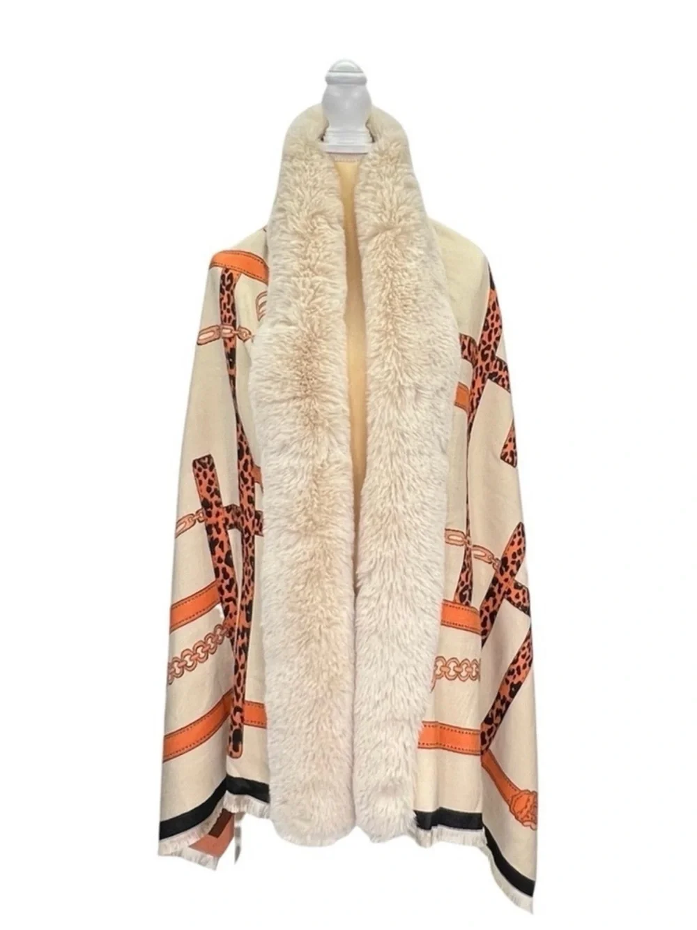 La Fiorentina Wrap with Faux Fur Trim Scarf Camel/Orange 72”x24” Leopard New NWT